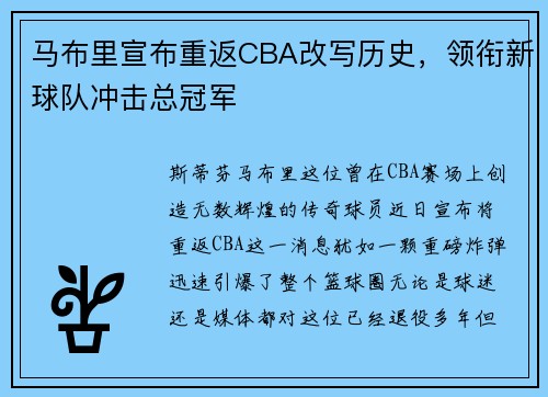 马布里宣布重返CBA改写历史，领衔新球队冲击总冠军